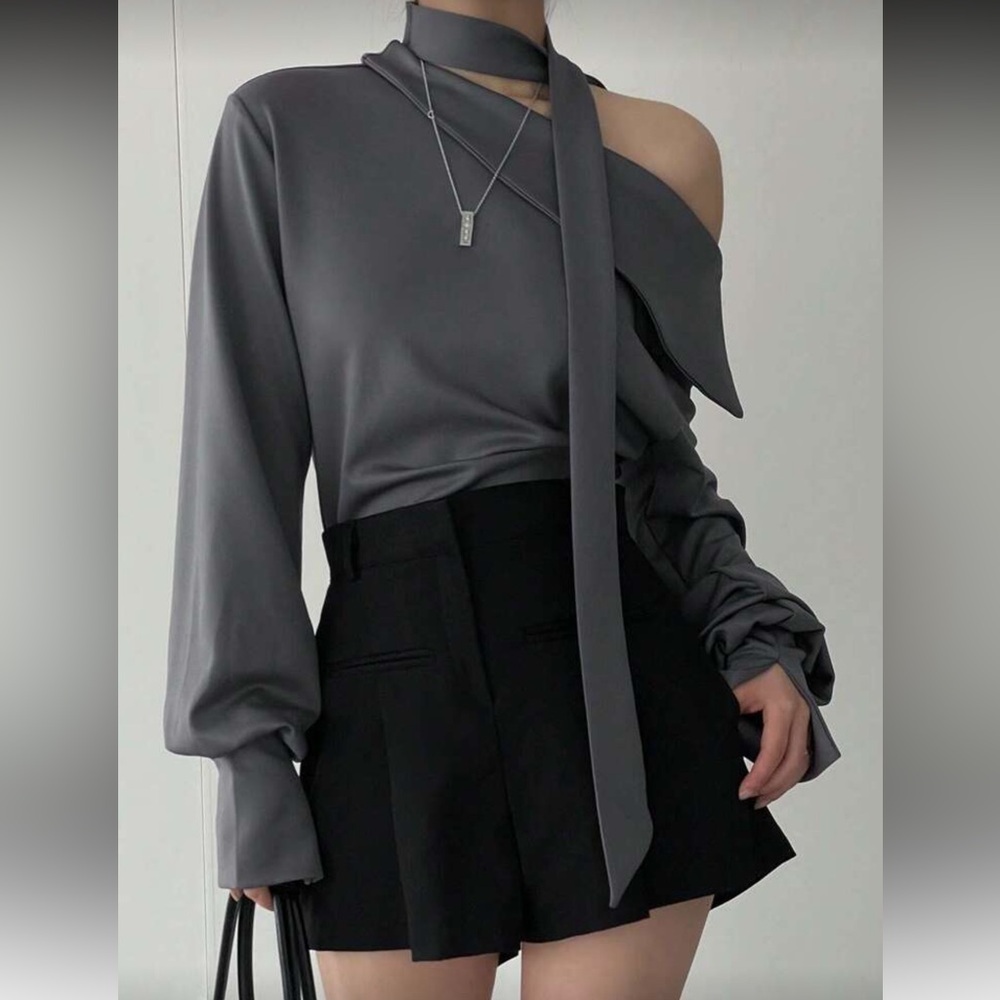 Chic Gray Asymmetrical Drop Shoulder Blouse